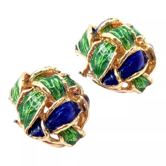 Vintage Tiffany & Co Green Blue Enamel 18k Yellow Gold Basket Weave Earrings - Picture 9 of 12
